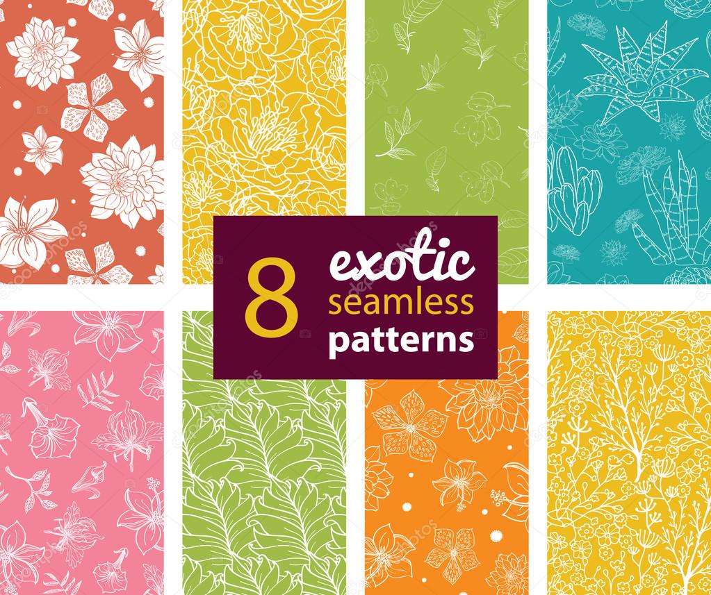 Vector Exotic Flowers Eight Set Seamless Patterns. Succulent Cactus. Hawaiian Hibiscus