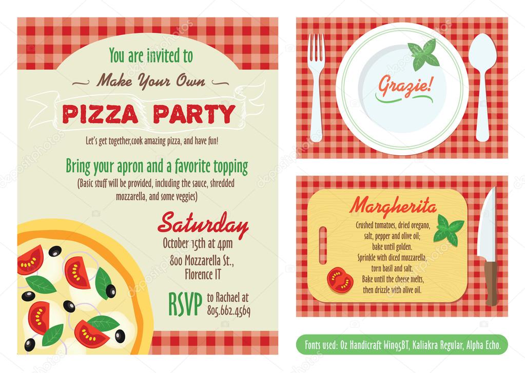 Vector Make Your Own Pizza Party Invitation Set. Recipe Card. Grazie Thank You