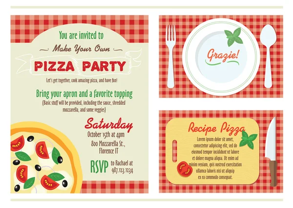 Vector Préparez votre propre ensemble d'invitation à une fête de pizza. Carte de recette. Grazie Merci — Image vectorielle