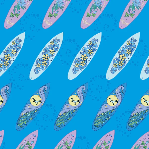 Vector Diagonal Surfboards On Blue Water Seamless Pattern. Exotic, sport, board, Hawaii, wave, seagull. — Stock Vector