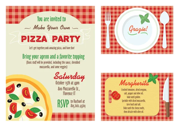 Vector Préparez votre propre ensemble d'invitation à une fête de pizza. Carte de recette. Grazie Merci — Image vectorielle