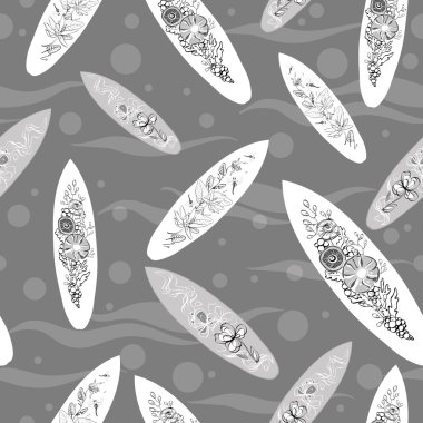 Vektör Surfboards su Dikişsiz desen gri. Egzotik, spor, yönetim kurulu, Hawaii, dalga.