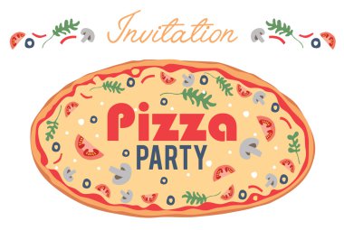 Vektör Pizza partisi davetiyesi Poster afiş kartı yemek. Sosyal olay. Davet ediyoruz. İtalyanca. Kendi tepesi getirmek.