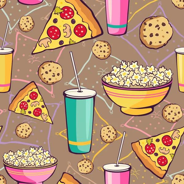 Vector brun Slumber Party mat Seamless mönster. Pizza. Dricka. Cookie. Popcorn. Mellanmål. — Stock vektor