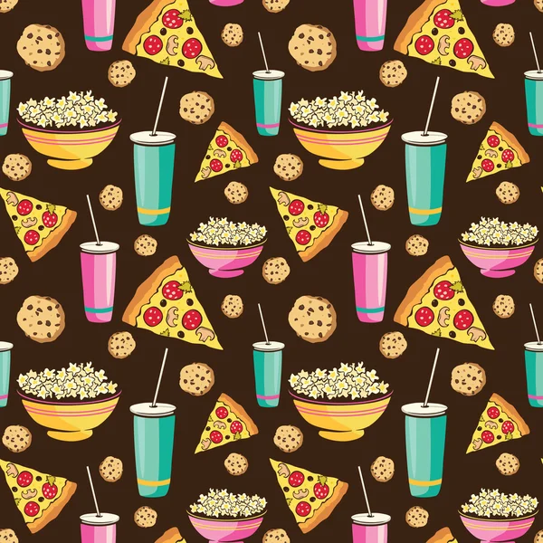 Vector Colorful Sleepover Movie Night Party Food Seamless Pattern. Pizza Drink Cookie Popcorn Snack. — Stock Vector