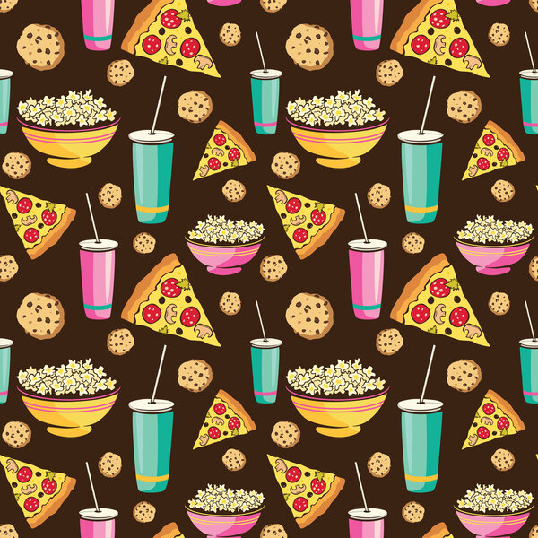 Vector Colorful Sleepover Movie Night Party Food Seamless Pattern. Pizza Drink Cookie Popcorn Snack.