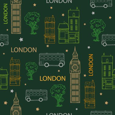 Vektör yeşil Londra sokaklarında el çizilmiş Seamless Modeli evler, ağaçlar, otobüs ve Big Ben kule.