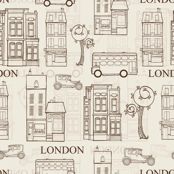 Vector Vintage Brown London Streets Håndtrukket sømløse mønster med huse, træer, busser og biler . – Stock-vektor