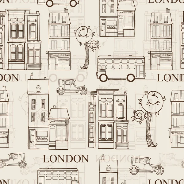 Vector Vintage Brown London Streets Hand Drawn Seamless Pattern with houses, trees, busses, and cars.