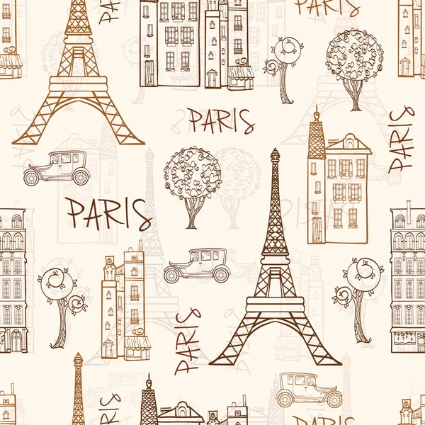 Vektör Vintage Brown Paris sokakları seyahat Seamless Modeli Eifel Kulesi, evler, ağaçlar ve vintage arabalar. — Stok Vektör