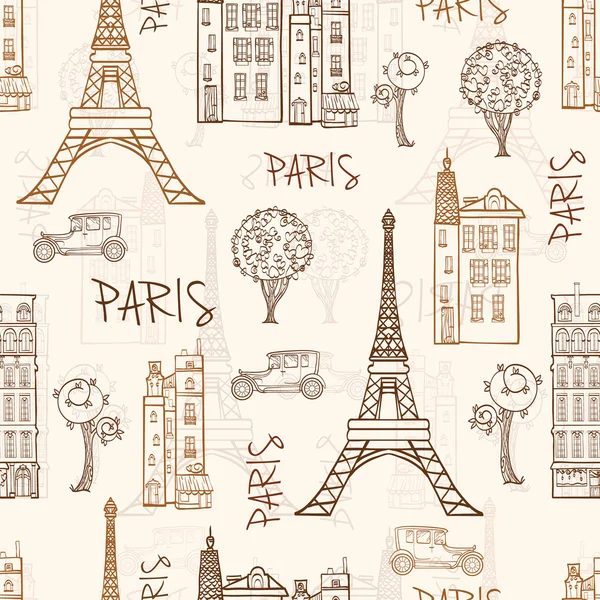 Vektör Vintage Brown Paris sokakları seyahat Seamless Modeli Eifel Kulesi, evler, ağaçlar ve vintage arabalar.
