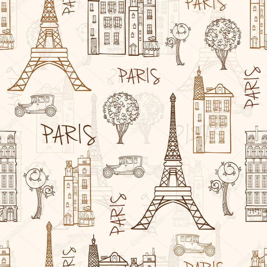 Vector Vintage Brown Paris Streets Travel Seamless Pattern with Eifel Tower, houses, trees and vintage cars.