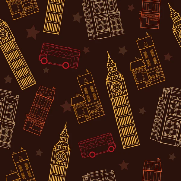 Vektor London Symbole braun nahtlose Muster mit großen Ben Tower, Doppeldecker-Bus, Häuser und Sterne. — Stockvektor