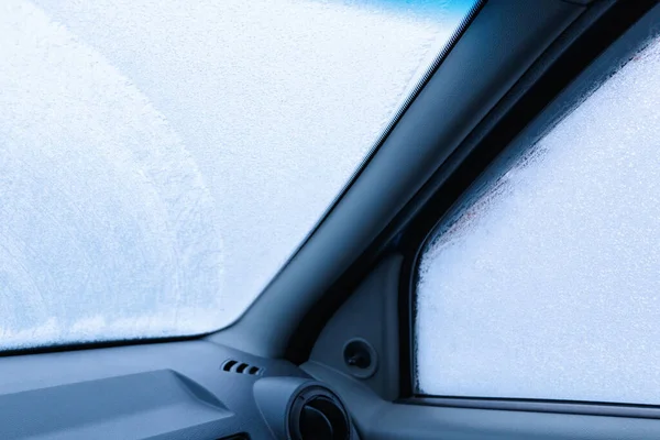 Frozen car window from the interior.