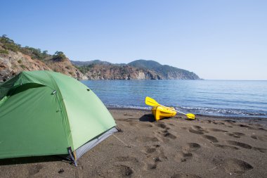 Tropikal sahilde renkli kanolar