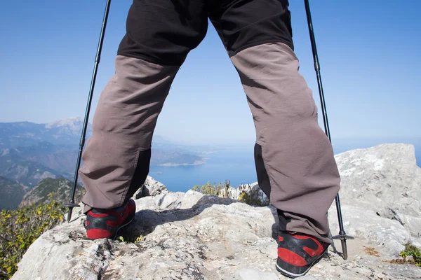 Hiker står på toppen av berget med dalen i bakgrunden. — Stockfoto