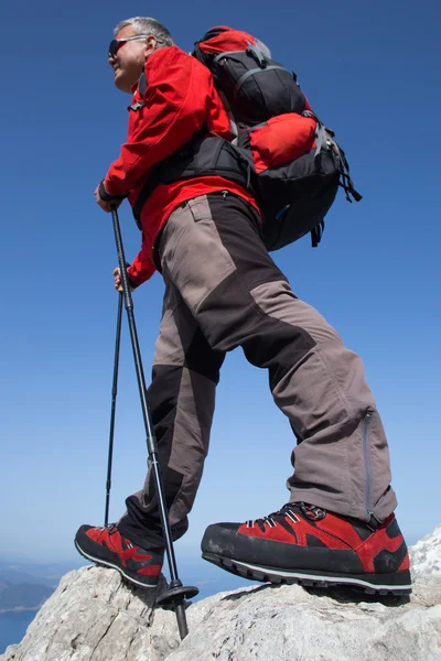 Hiker står på toppen av berget med dalen i bakgrunden. — Stockfoto