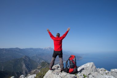 Bir gezgin bir dağın tepesinde duruyor ve denize bakıyor.