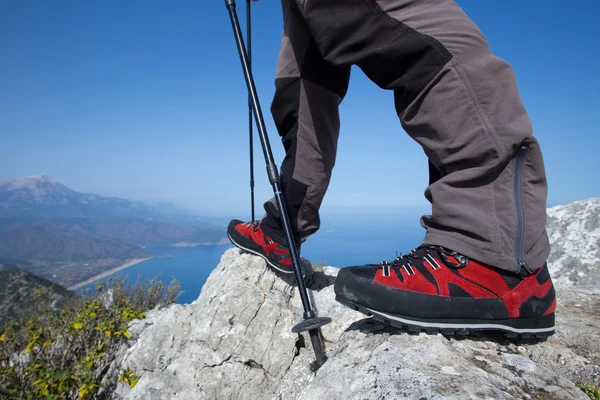 Un voyageur se tient au sommet d'une montagne et regarde vers la mer . — Photo