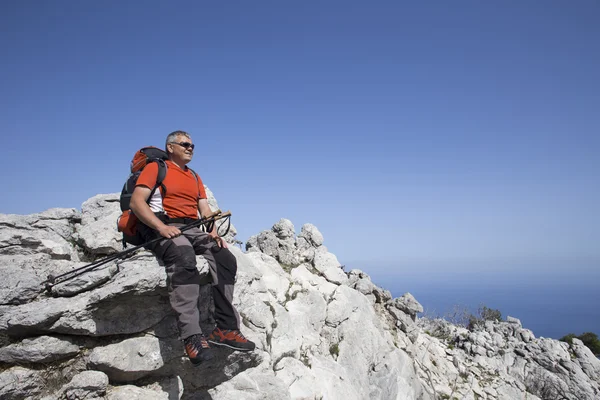 Un viajero se para en la cima de una montaña y mira hacia el mar . —  Fotos de Stock