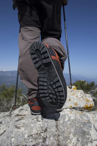 Un voyageur se tient au sommet d'une montagne et regarde vers la mer . — Photo