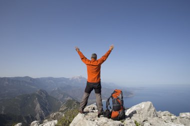 Bir gezgin bir dağın tepesinde duruyor ve denize bakıyor.