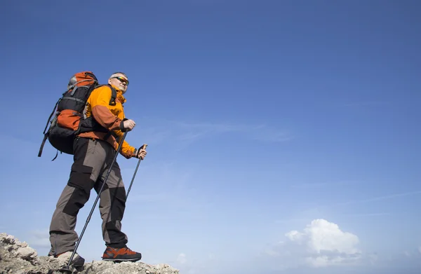 Un viajero se para en la cima de una montaña y mira hacia el mar . — Foto de Stock