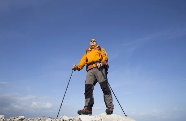 Ένας ταξιδιώτης που βρίσκεται στην κορυφή ενός βουνού και βλέπει στη θάλασσα. — Φωτογραφία Αρχείου