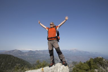 Bir gezgin bir dağın tepesinde duruyor ve denize bakıyor.