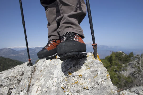 Un viajero se para en la cima de una montaña y mira hacia el mar . — Foto de Stock