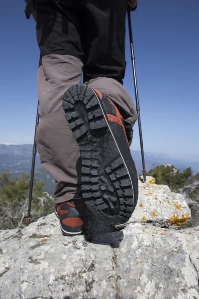 Un voyageur se tient au sommet d'une montagne et regarde vers la mer . — Photo