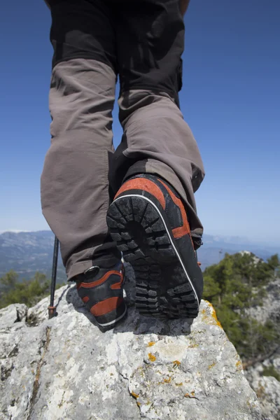 Un viajero se para en la cima de una montaña y mira hacia el mar . — Foto de Stock