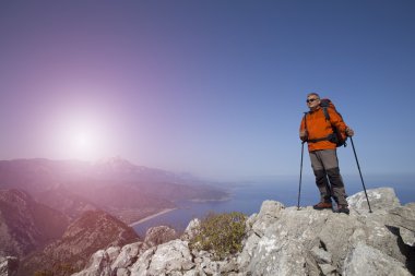 Bir gezgin bir dağın tepesinde duruyor ve denize bakıyor.