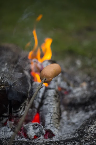 A tűzön főzés kolbász. — Stock Fotó
