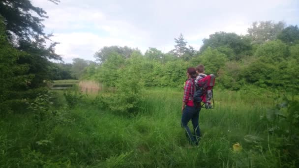 Moeder met een kind dat is wandelen in de bergen. — Stockvideo