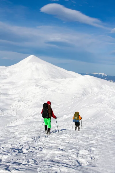 冬の山のハイカーは — ストック写真