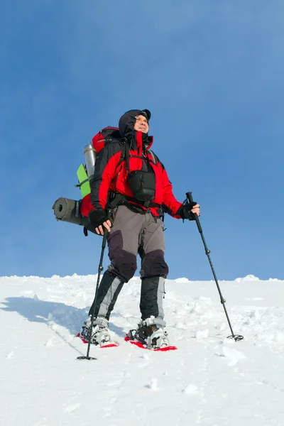 Excursionista en las montañas de invierno — Foto de Stock