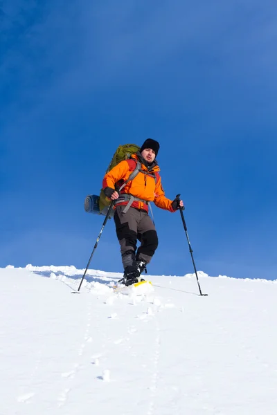 Excursionista en las montañas de invierno — Foto de Stock