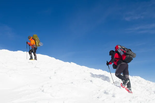 Vinter vandring i bergen på snöskor med en ryggsäck och tält. — Stockfoto