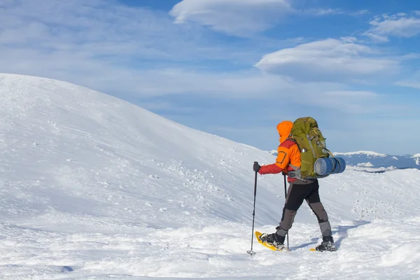 Winter wandelen in de bergen op sneeuwschoenen met een rugzak en tent. — Stockfoto