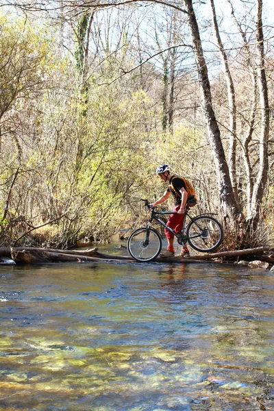 Joven atleta atravesando terreno rocoso con bicicleta en sus manos —  Fotos de Stock