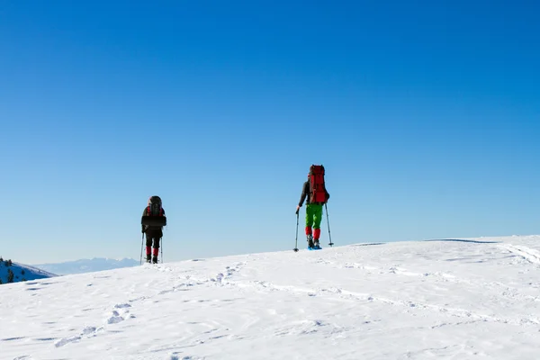 Vinter vandring i bergen på snöskor med en ryggsäck och tält. — Stockfoto