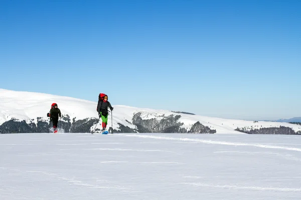 Caminhadas de inverno nas montanhas em sapatos de neve com uma mochila e tenda . — Fotografia de Stock