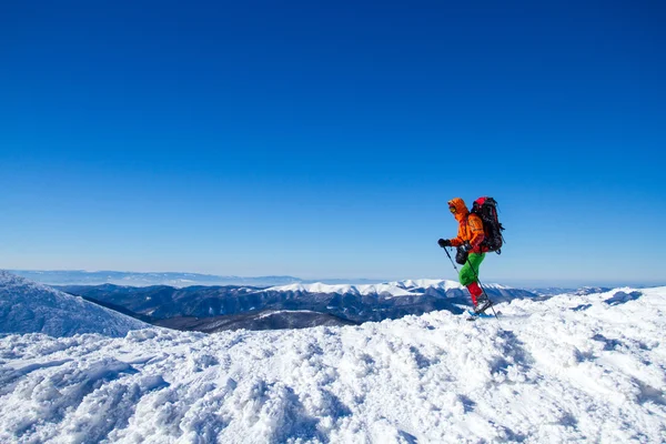 Senderismo de invierno en las montañas en raquetas de nieve con una mochila y tienda de campaña . — Foto de Stock