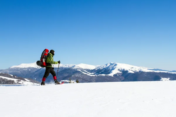 Senderismo de invierno en las montañas en raquetas de nieve con una mochila y tienda de campaña . — Foto de Stock