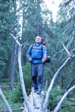 Backpacker dağlarda. Kafkas Dağları'da yürüyüş