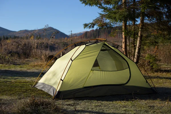 Campingområde med flerfärgad tält i skogen. — Stockfoto