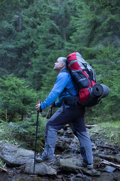 Backpacker dağlarda. Kafkas Dağları'da yürüyüş — Stok fotoğraf