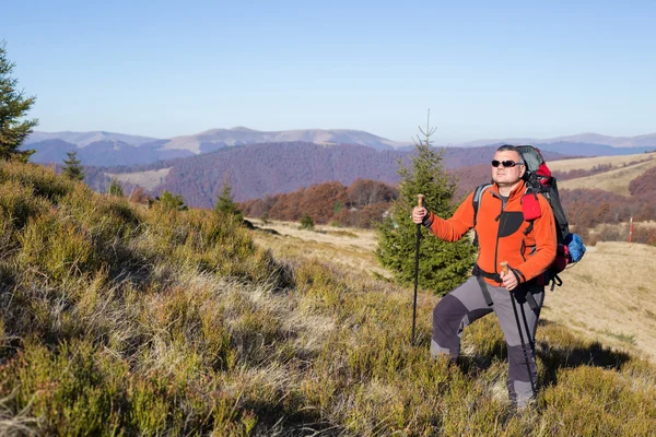 Dağlarda yürüyüş yapan bir yürüyüşçü. Spor ve aktif yaşam.