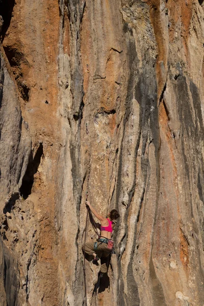 Rock klimmer klimt op een rotsachtige muur. — Stockfoto